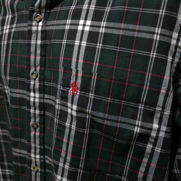Button Long Sleeve Collared Shirt Mens Lg Green Plaid Holiday Lightweight Logo - Picture 8 of 16